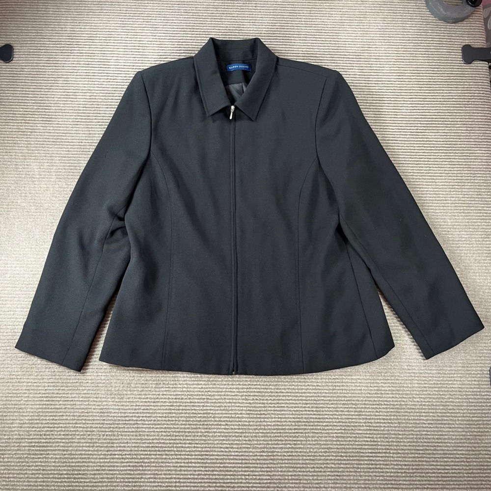 Karen Scott Womens Black Zip Up Crepe Jacket Pointed Collar Size 14 Professional